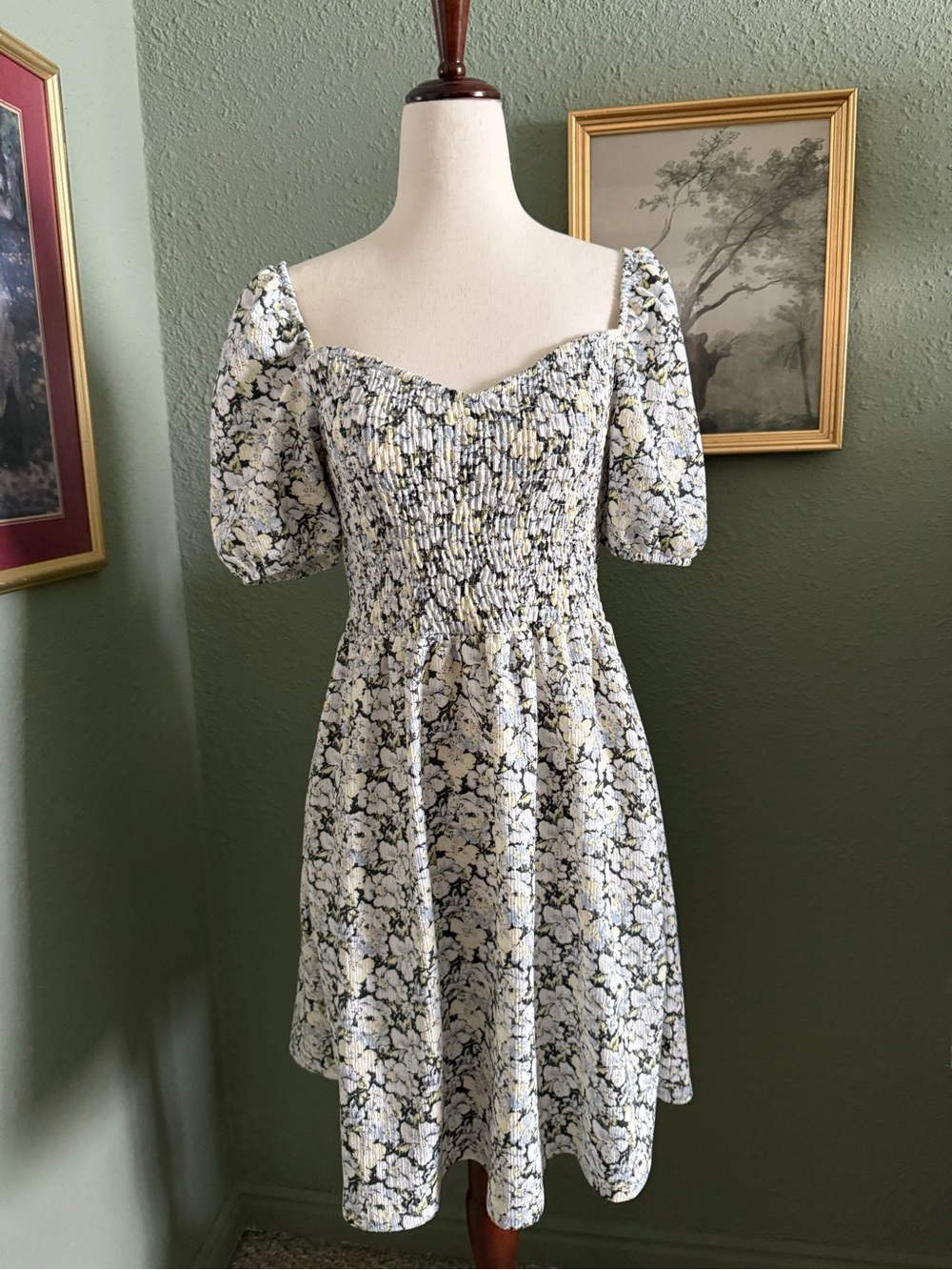 H&M White Floral Smocked Midi Dress with Yellow & Blue Accents